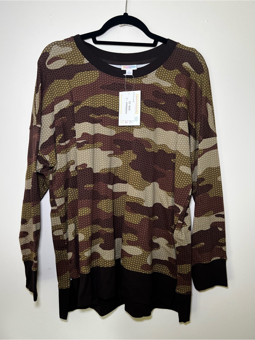 LuLaRoe Hannah Camo Print Crew Sweater